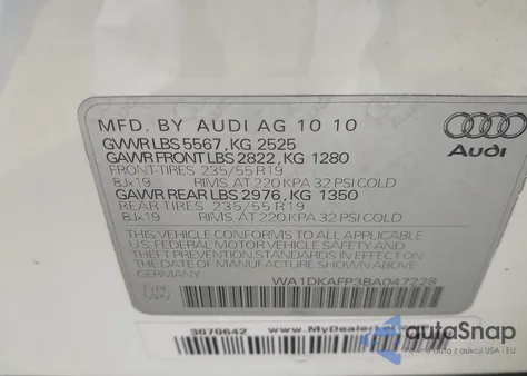 2011 Audi Q5 3.2 Premium Plus из США, поврежденный, VIN WA1DKAFP3BA047228